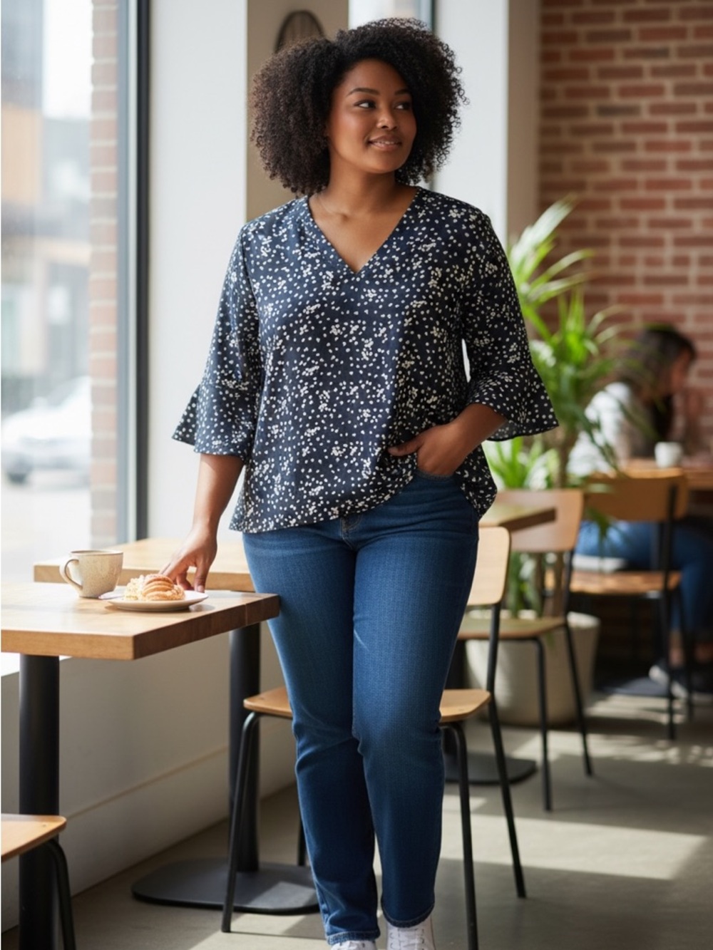 Women's Navy V-Neck Dot Print Blouse